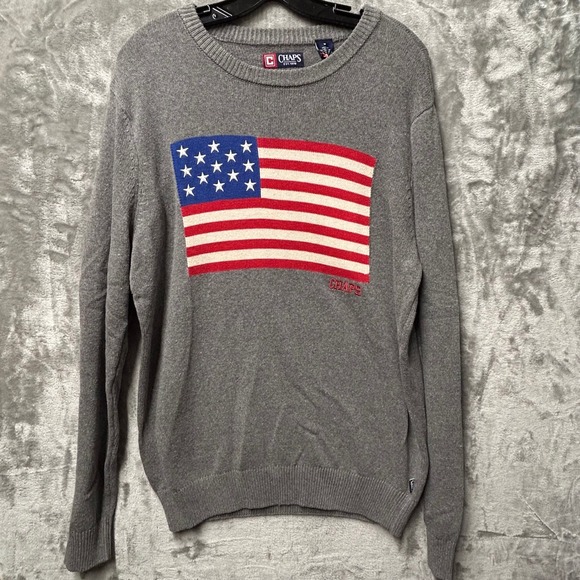 Chaps USA American Flag Patriotic Light Grey Knit Sweater Mens Size Medium NWT - Picture 1 of 9